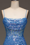 Spaghetti Straps Blue Sparkly Corset Ball Dress with Slit