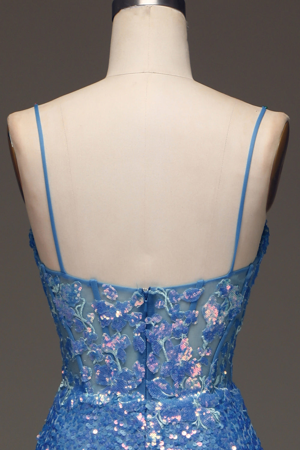 Spaghetti Straps Blue Sparkly Corset Ball Dress with Slit