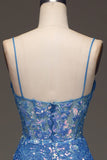 Spaghetti Straps Blue Sparkly Corset Ball Dress with Slit