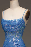 Spaghetti Straps Blue Sparkly Corset Ball Dress with Slit