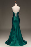 Satin Mermaid Lace-Up Back Dark Green Ball Dress with Corset