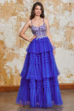 A Line Spaghetti Straps Royal Blue Tiered Long Ball Dress with Ruffles Appliques