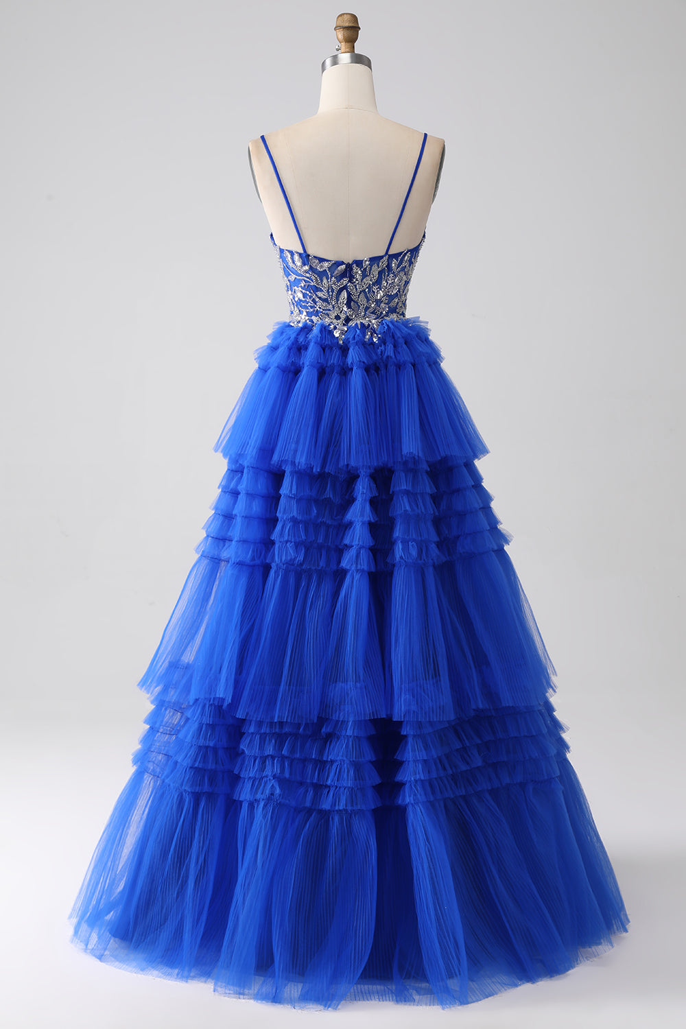 Royal Blue A-Line Spaghetti Straps Tiered Ball Dress with Sequins