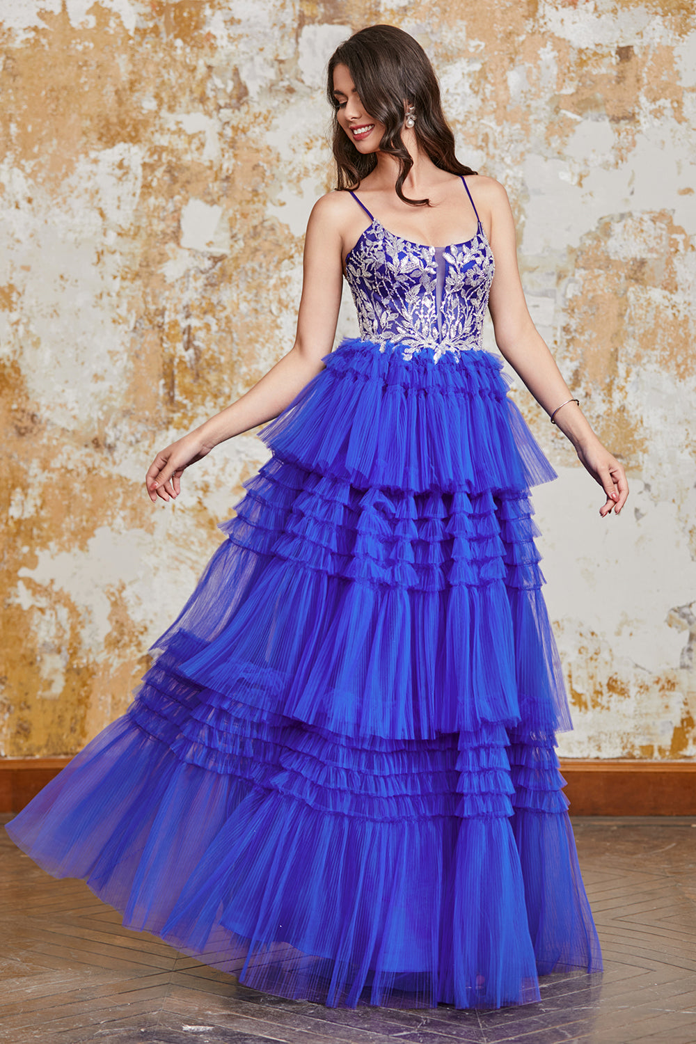 A Line Spaghetti Straps Royal Blue Tiered Long Ball Dress with Ruffles Appliques