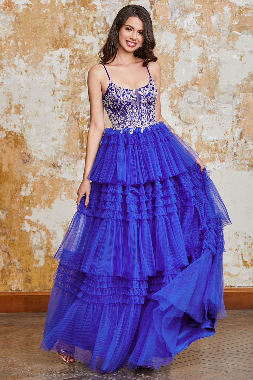 A Line Spaghetti Straps Royal Blue Tiered Long Ball Dress with Ruffles Appliques