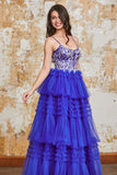 A Line Spaghetti Straps Royal Blue Tiered Long Ball Dress with Ruffles Appliques