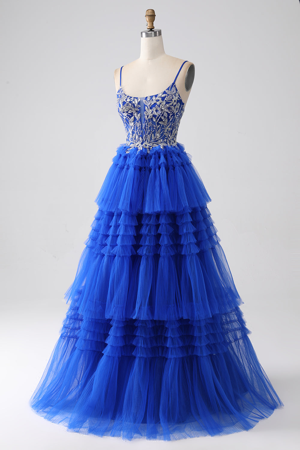 Royal Blue A-Line Spaghetti Straps Tiered Ball Dress with Sequins