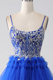 Royal Blue A-Line Spaghetti Straps Tiered Ball Dress with Sequins
