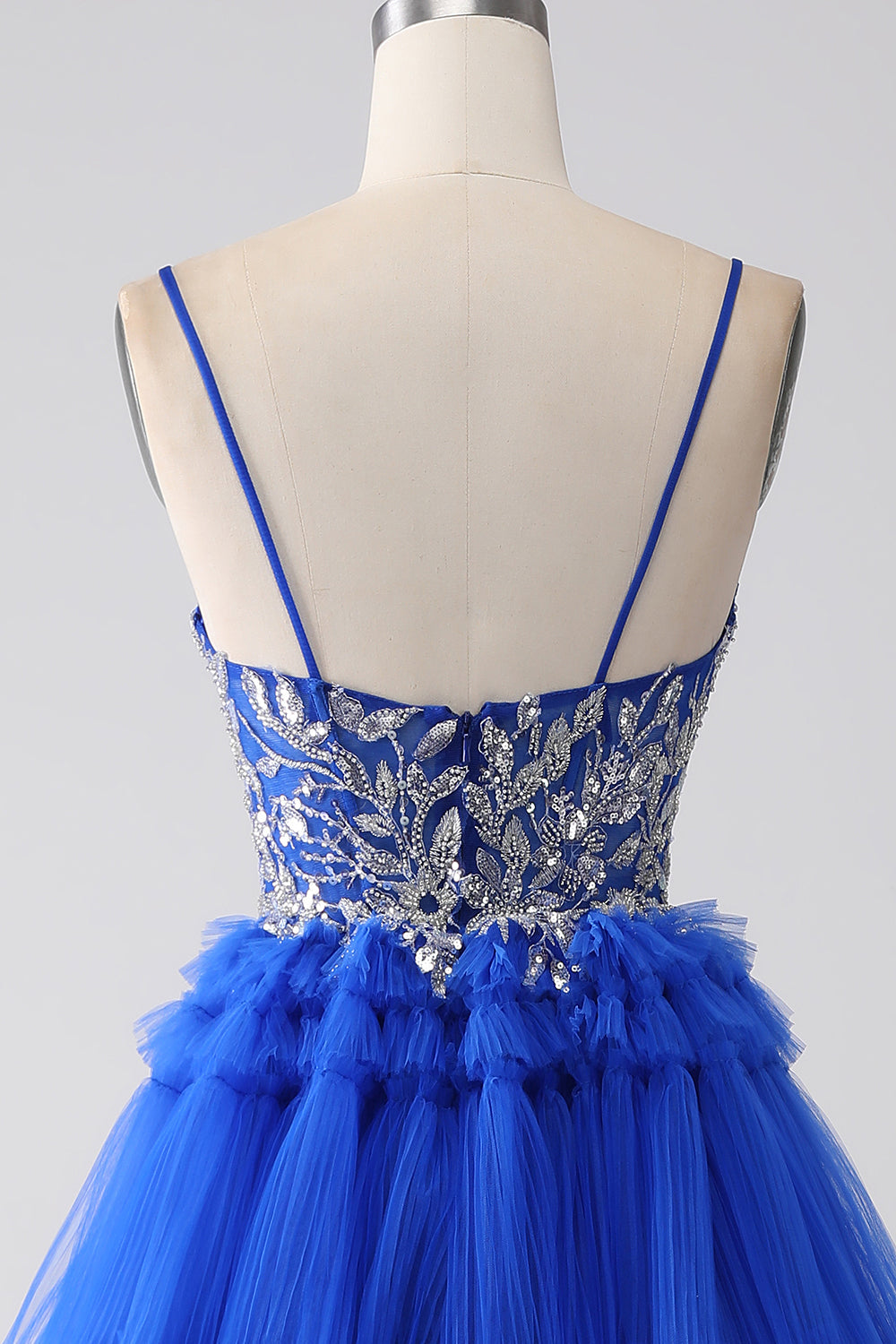 Royal Blue A-Line Spaghetti Straps Tiered Ball Dress with Sequins