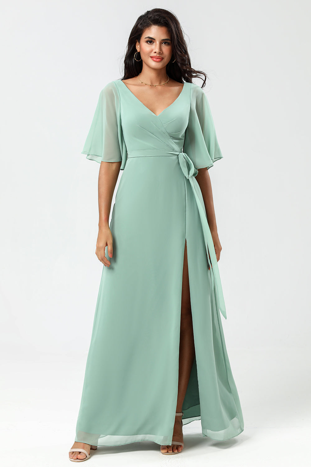 A Line V-Neck Matcha Chiffon Bridesmaid Dress with Slit