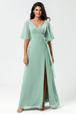 A Line V-Neck Matcha Chiffon Bridesmaid Dress with Slit