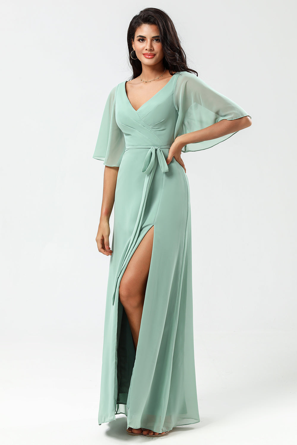 A Line V-Neck Matcha Chiffon Bridesmaid Dress with Slit