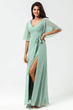 A Line V-Neck Matcha Chiffon Bridesmaid Dress with Slit