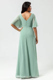 A Line V-Neck Matcha Chiffon Bridesmaid Dress with Slit