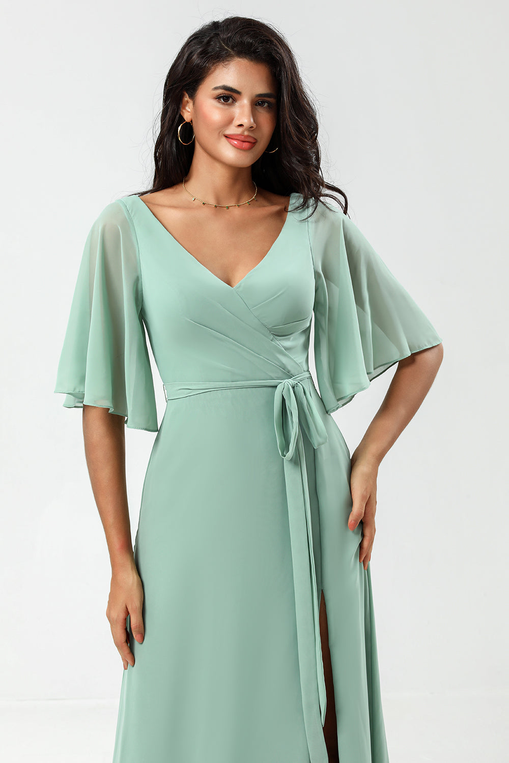 A Line V-Neck Matcha Chiffon Bridesmaid Dress with Slit