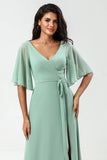 A Line V-Neck Matcha Chiffon Bridesmaid Dress with Slit