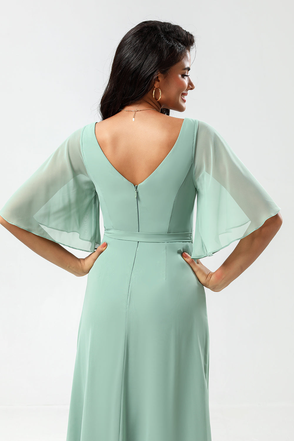 A Line V-Neck Matcha Chiffon Bridesmaid Dress with Slit