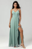 Matcha A Line Spaghetti Straps Long Bridesmaid Dress with Ruffles