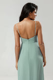 Matcha A Line Spaghetti Straps Long Bridesmaid Dress with Ruffles