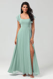 Matcha A-Line Square Neck Chiffon Long Bridesmaid Dress with Ruffles
