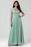 Matcha A-Line Square Neck Chiffon Long Bridesmaid Dress with Ruffles