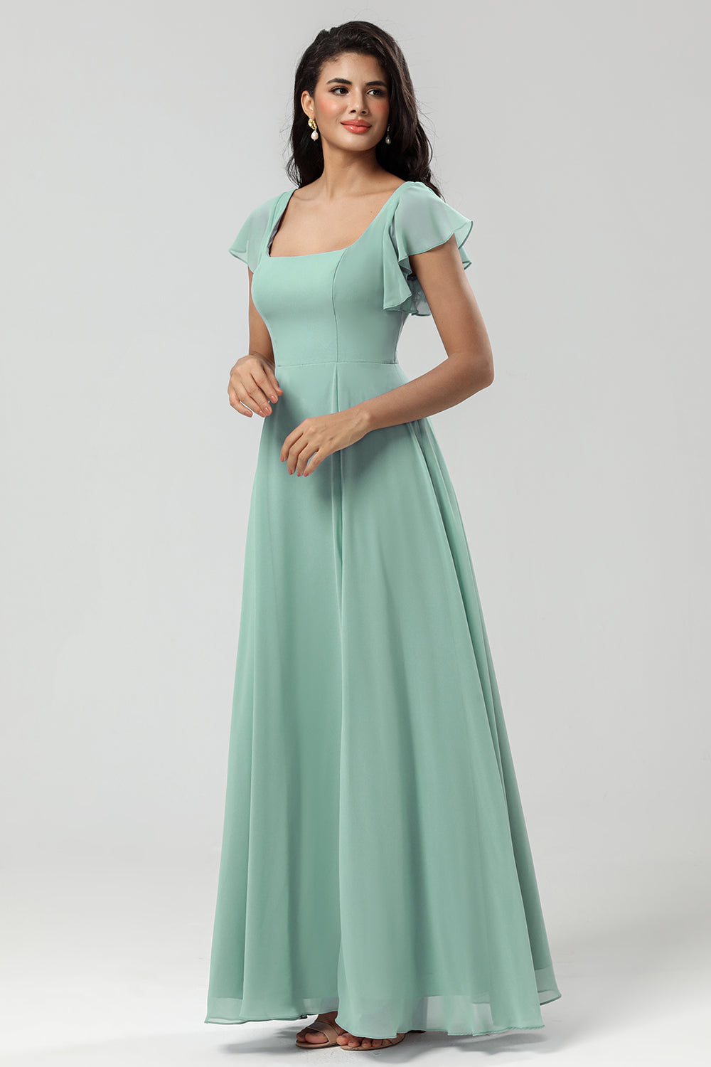 Matcha A-Line Square Neck Chiffon Long Bridesmaid Dress with Ruffles