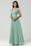 Matcha A-Line Square Neck Chiffon Long Bridesmaid Dress with Ruffles