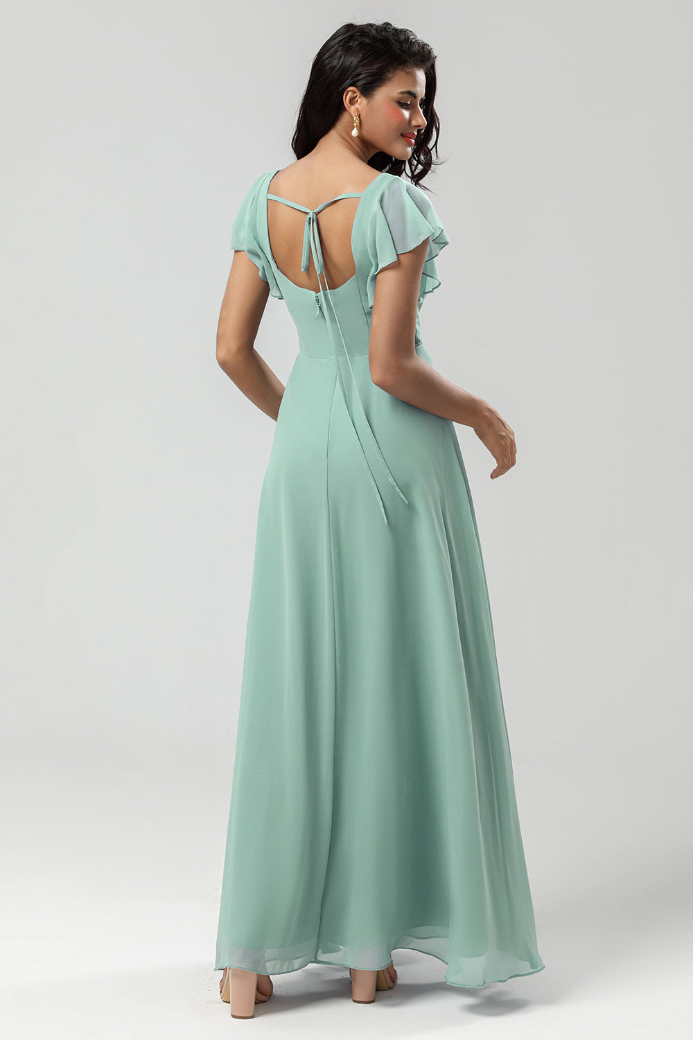 Matcha A-Line Square Neck Chiffon Long Bridesmaid Dress with Ruffles