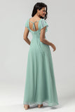 Matcha A-Line Square Neck Chiffon Long Bridesmaid Dress with Ruffles