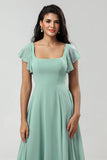 Matcha A-Line Square Neck Chiffon Long Bridesmaid Dress with Ruffles
