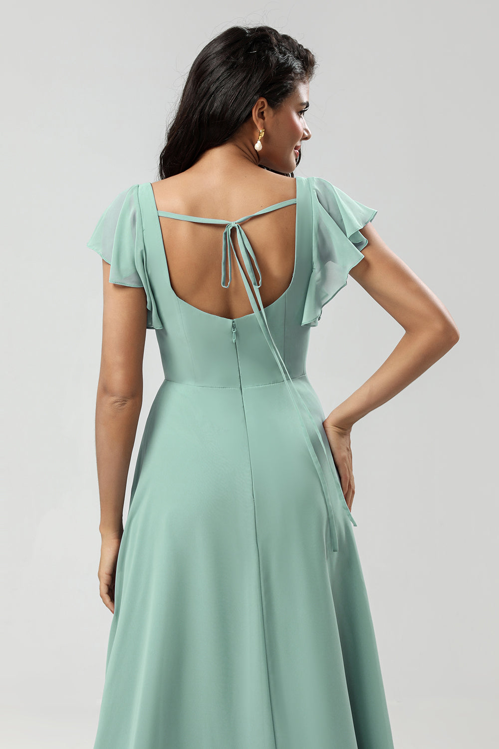 Matcha A-Line Square Neck Chiffon Long Bridesmaid Dress with Ruffles