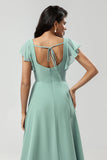 Matcha A-Line Square Neck Chiffon Long Bridesmaid Dress with Ruffles