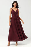 Burgundy A-Line Spaghetti Straps Long Bridesmaid Dress With Sleeveless