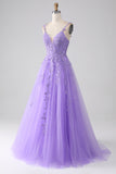 Lilac A-Line Spaghetti Straps Long Ball Dress with Appliques