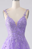Lilac A-Line Spaghetti Straps Long Ball Dress with Appliques