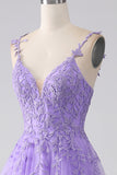 Lilac A-Line Spaghetti Straps Long Ball Dress with Appliques