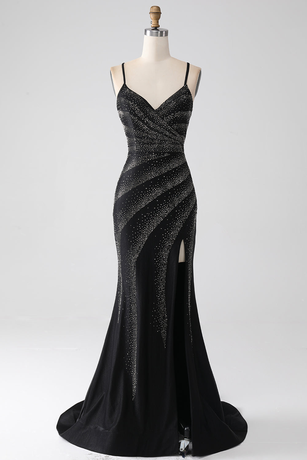 Black Mermaid Spaghetti Straps Beaded Long Ball Dress with Slit
