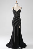 Black Mermaid Spaghetti Straps Beaded Long Ball Dress with Slit