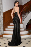 Sparkly Mermaid Spaghetti Straps Black Long Ball Dress with Beading Split Front