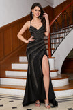 Sparkly Mermaid Spaghetti Straps Black Long Ball Dress with Beading Split Front