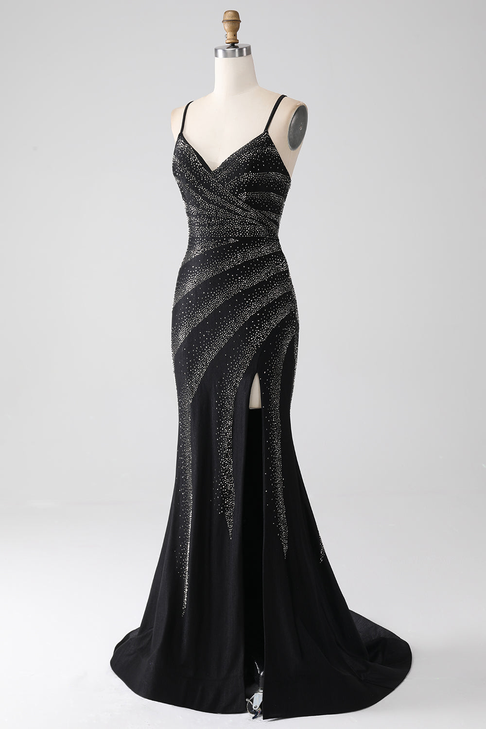 Black Mermaid Spaghetti Straps Beaded Long Ball Dress with Slit