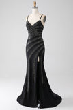 Black Mermaid Spaghetti Straps Beaded Long Ball Dress with Slit