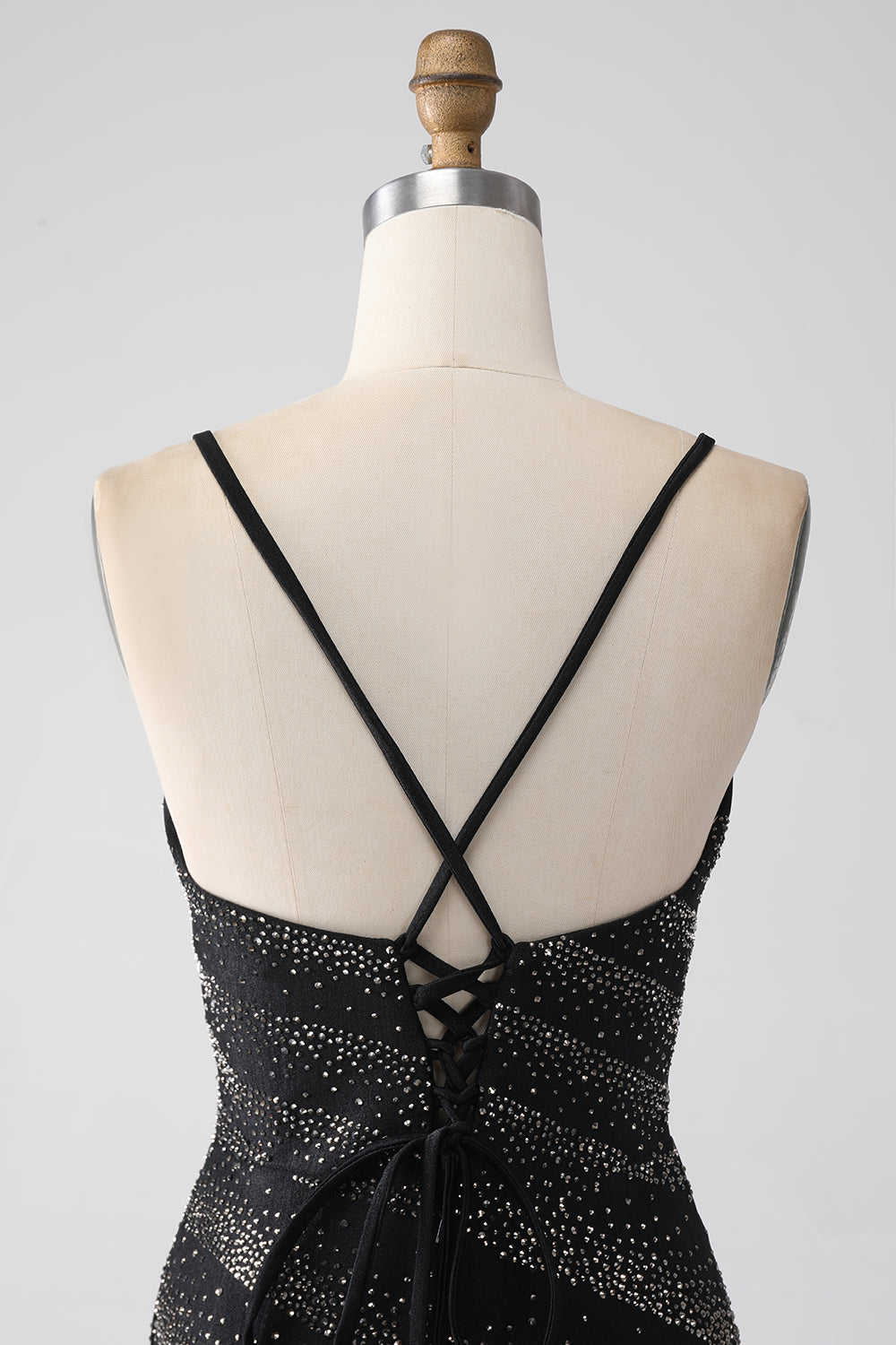 Black Mermaid Spaghetti Straps Beaded Long Ball Dress with Slit