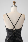 Black Mermaid Spaghetti Straps Beaded Long Ball Dress with Slit