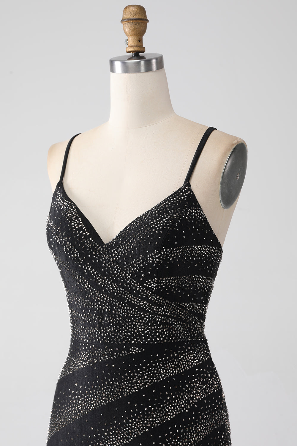 Black Mermaid Spaghetti Straps Beaded Long Ball Dress with Slit