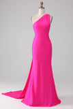 Mermaid Hot Pink One Shoulder Long Ball Dress
