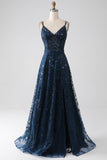 A-Line Dark Navy Spaghetti Straps Long Ball Dress with Slit