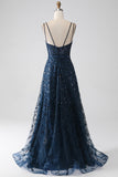 A-Line Dark Navy Spaghetti Straps Long Ball Dress with Slit