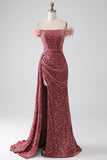 Mermaid Off the Shoulder Blush Sequins Ball Dress with Slit