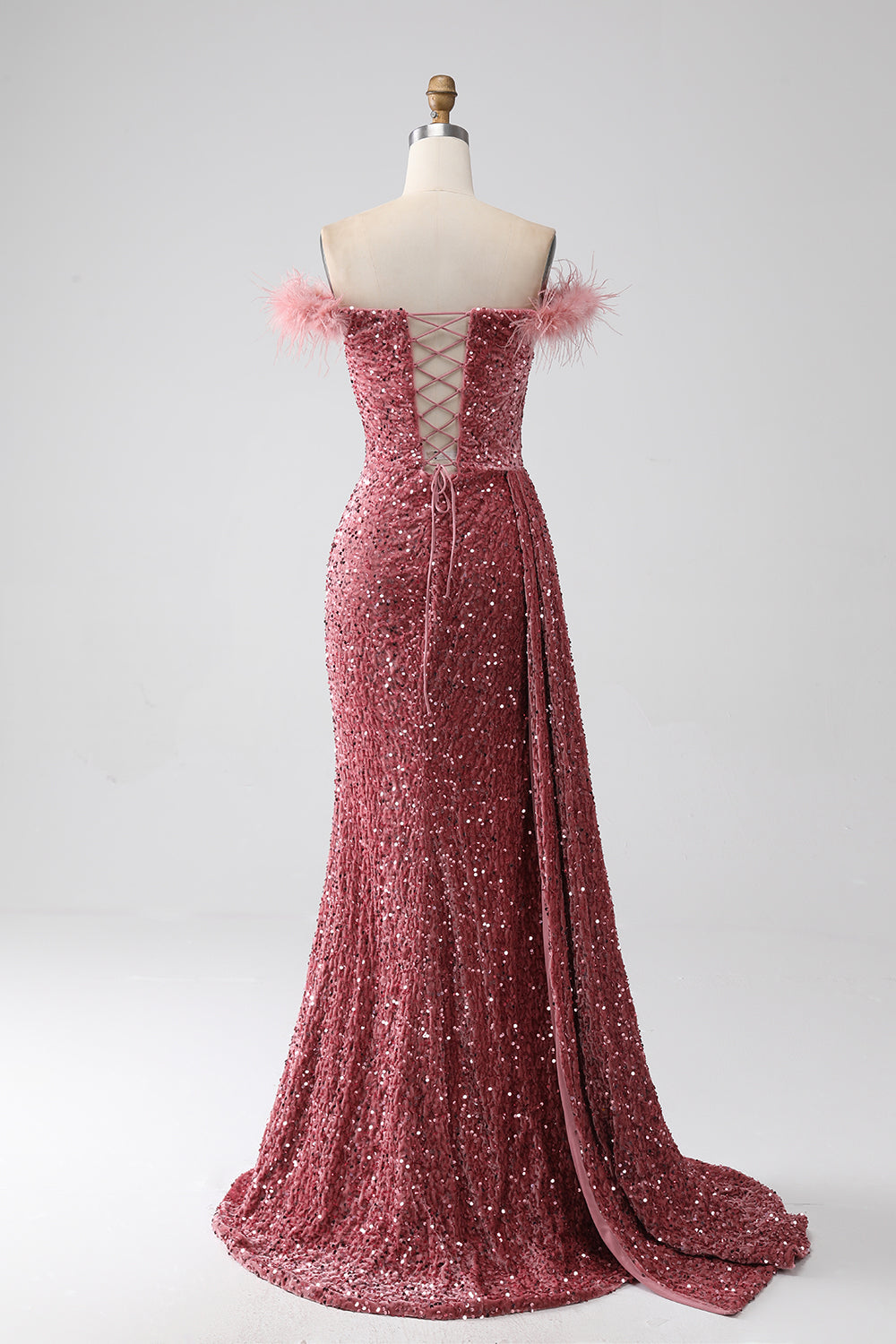 Mermaid Off the Shoulder Blush Sequins Ball Dress with Slit